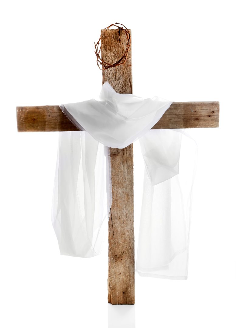 Cross with crown of thorns and cloth, isolated on white